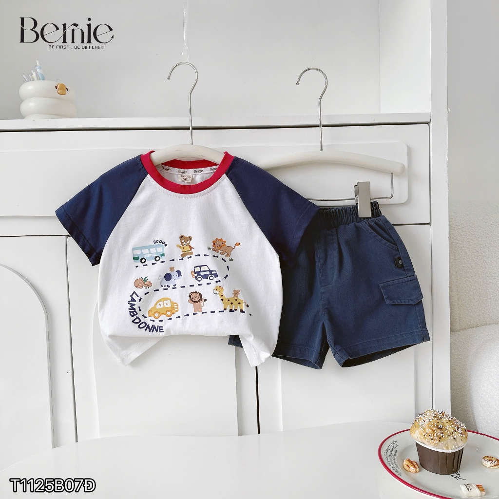 Set cộc tay in hình động vật vui nhộn Bernie áo cotton phối quần short kaki mềm mại cho bé 9-24kg