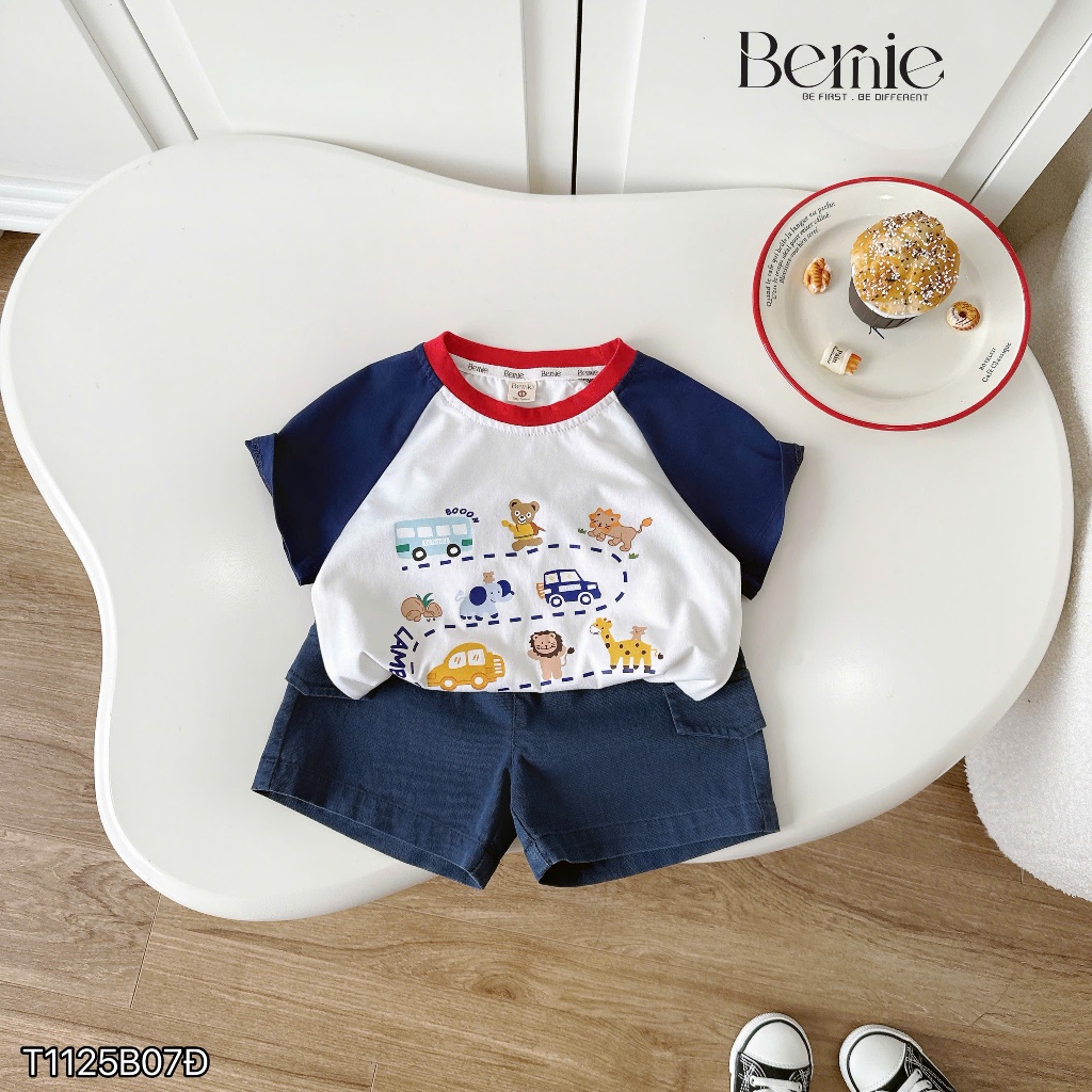 Set cộc tay in hình động vật vui nhộn Bernie áo cotton phối quần short kaki mềm mại cho bé 9-24kg