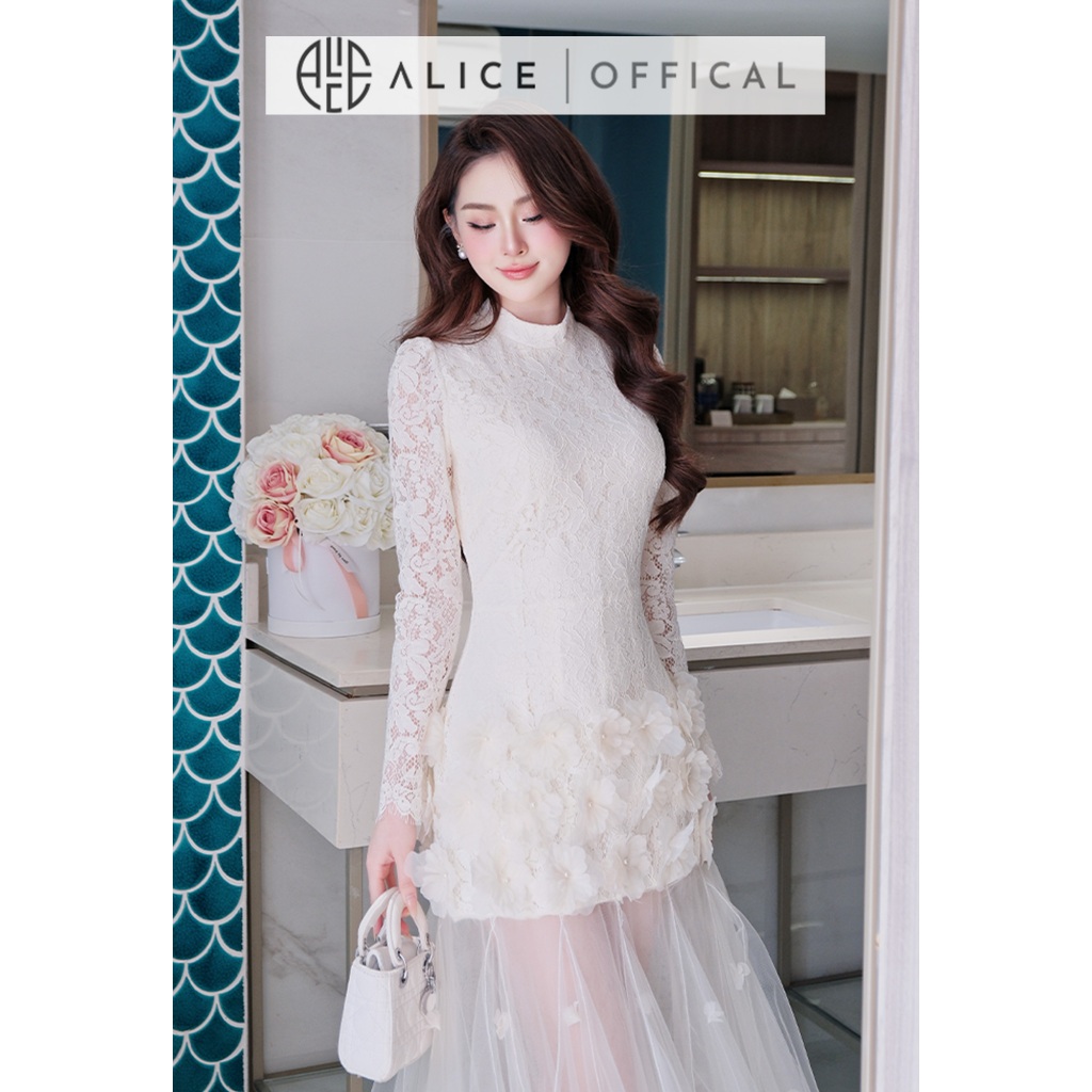 Váy Dự Tiệc Cao Cấp Alice Chất Ren Phối Lưới Đính Hoa Nổi, Đầm Maxi Dài Tay Cao Cổ Dáng Xòe Nữ Tính V1438
