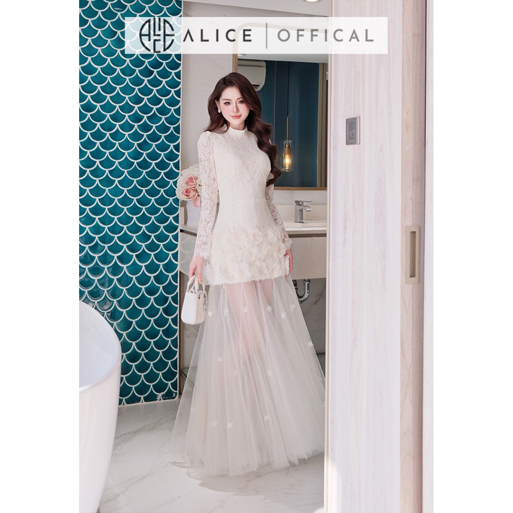 Váy Dự Tiệc Cao Cấp Alice Chất Ren Phối Lưới Đính Hoa Nổi, Đầm Maxi Dài Tay Cao Cổ Dáng Xòe Nữ Tính V1438