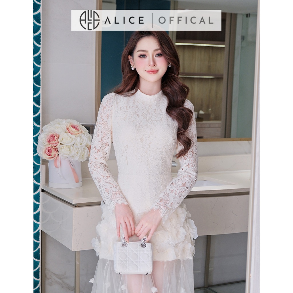 Váy Dự Tiệc Cao Cấp Alice Chất Ren Phối Lưới Đính Hoa Nổi, Đầm Maxi Dài Tay Cao Cổ Dáng Xòe Nữ Tính V1438