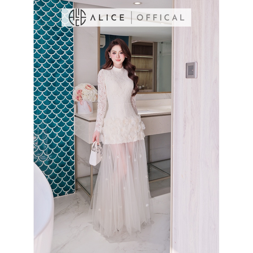 Váy Dự Tiệc Cao Cấp Alice Chất Ren Phối Lưới Đính Hoa Nổi, Đầm Maxi Dài Tay Cao Cổ Dáng Xòe Nữ Tính V1438