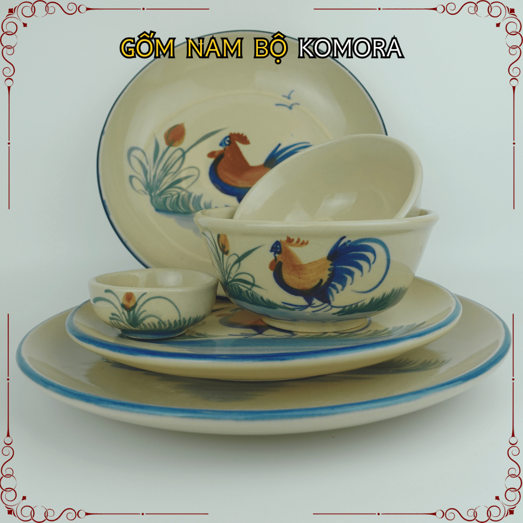 [Tô Chén] Mẫu Xưa Con Gà, Gốm Nam Bộ Komora, Đậm Chất Nam Bộ, Họa Tiết Mộc Mạc, Truyền Thống Trăm Năm