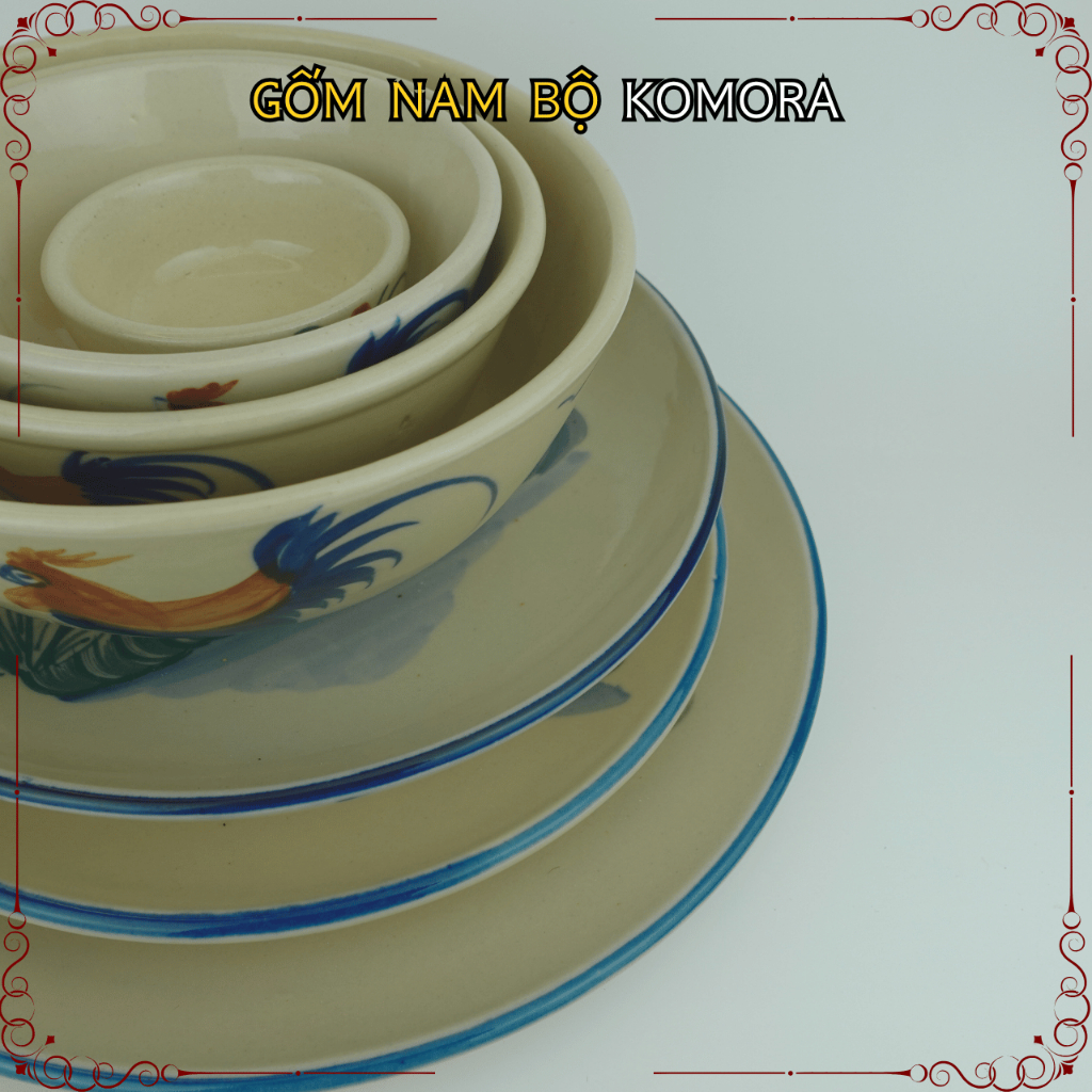 [Tô Chén] Mẫu Xưa Con Gà, Gốm Nam Bộ Komora, Đậm Chất Nam Bộ, Họa Tiết Mộc Mạc, Truyền Thống Trăm Năm