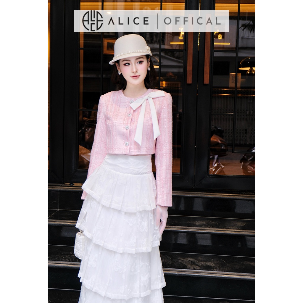 Set Váy Thu Đông Alice Áo Chất Dạ Tweed Nhũ Lót Lụa Phối Chân Váy Tơ Thêu Hồ Điệp Dáng Maxi Xếp Ly 5 Tầng S1028