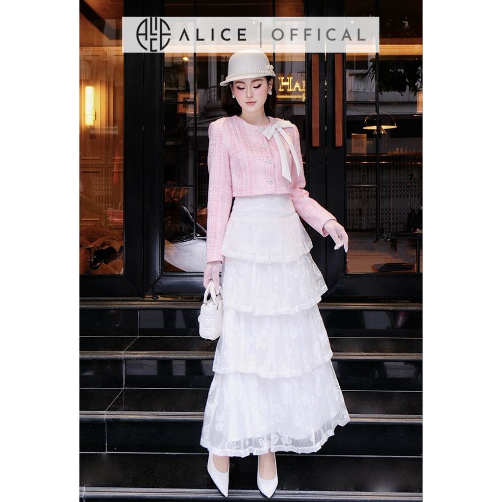 Set Váy Thu Đông Alice Áo Chất Dạ Tweed Nhũ Lót Lụa Phối Chân Váy Tơ Thêu Hồ Điệp Dáng Maxi Xếp Ly 5 Tầng S1028