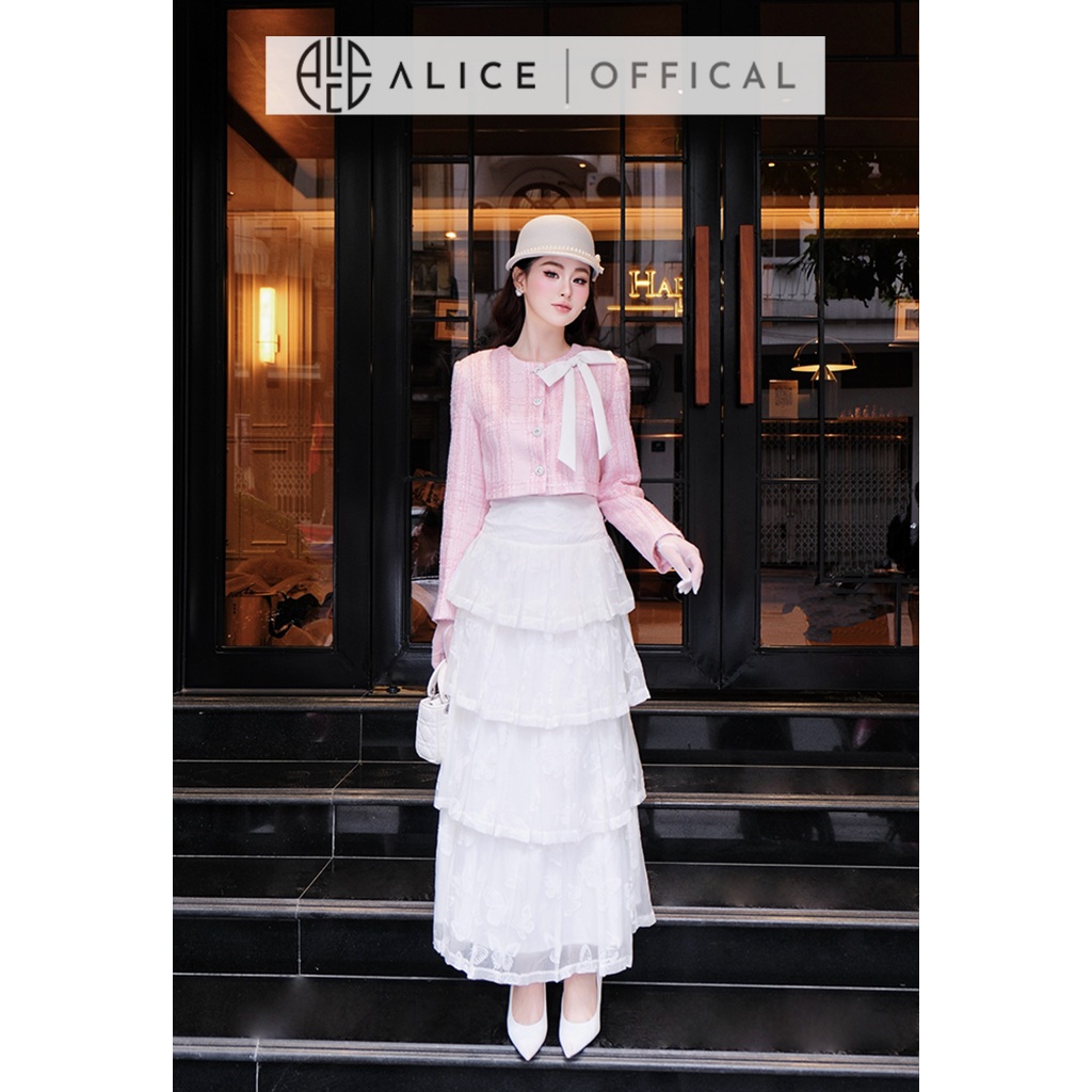 Set Váy Thu Đông Alice Áo Chất Dạ Tweed Nhũ Lót Lụa Phối Chân Váy Tơ Thêu Hồ Điệp Dáng Maxi Xếp Ly 5 Tầng S1028