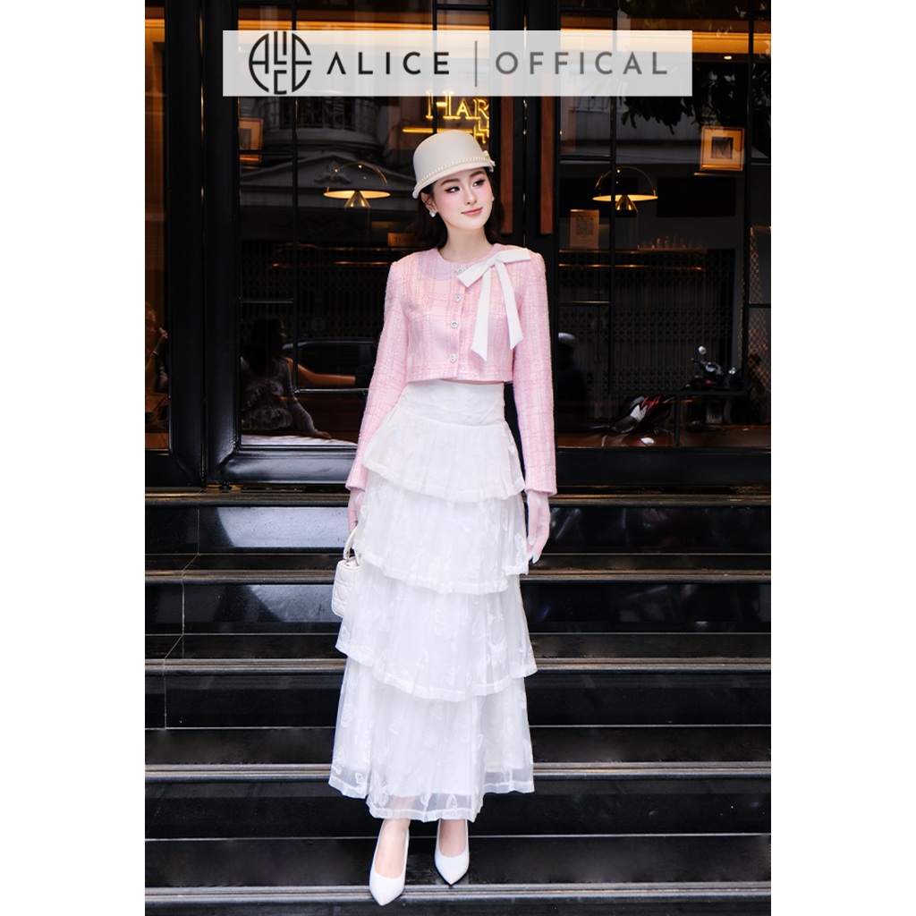 Set Váy Thu Đông Alice Áo Chất Dạ Tweed Nhũ Lót Lụa Phối Chân Váy Tơ Thêu Hồ Điệp Dáng Maxi Xếp Ly 5 Tầng S1028