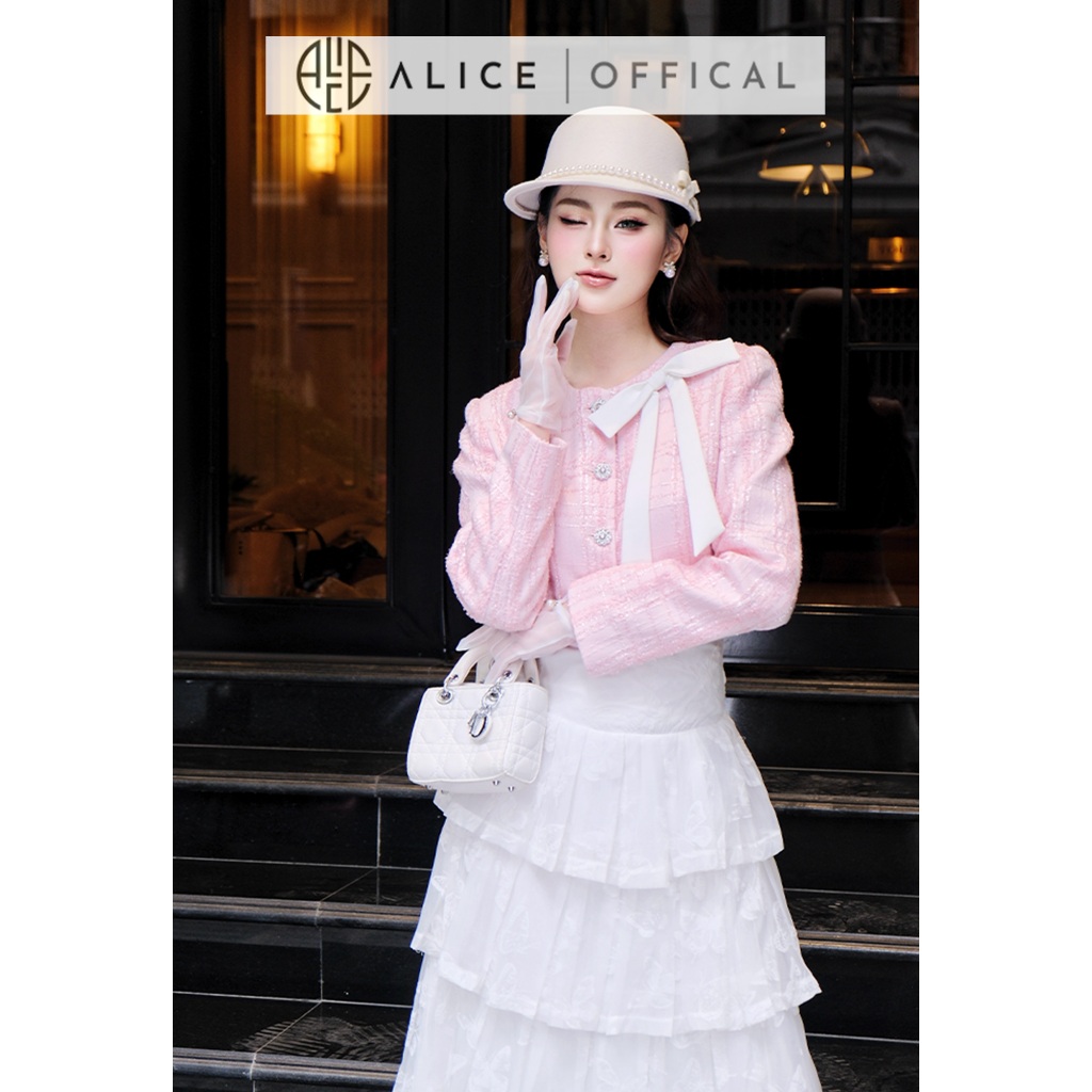 Set Váy Thu Đông Alice Áo Chất Dạ Tweed Nhũ Lót Lụa Phối Chân Váy Tơ Thêu Hồ Điệp Dáng Maxi Xếp Ly 5 Tầng S1028
