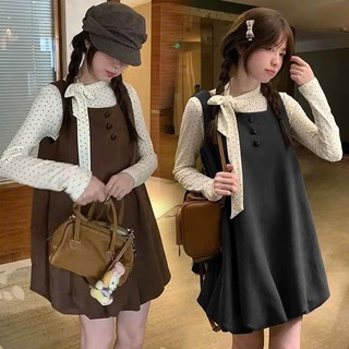 Váy Yếm Dạ Dáng Bí 3 Cúc Nâu Váy Bí Phồng Dáng Xòe Cakecat Dễ Thương Phong Cách Hàn Quốc