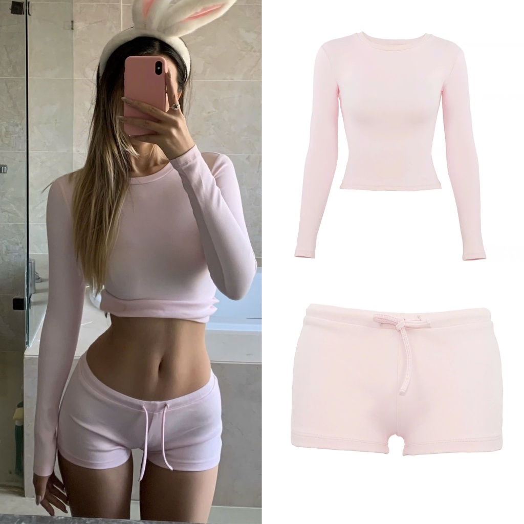 (sẵn)Set bộ áo dài tay và quần short cạp trễ chất thun co giãn màu hồng pastel dáng ôm body đồ ngủ SB006 - Tiktik