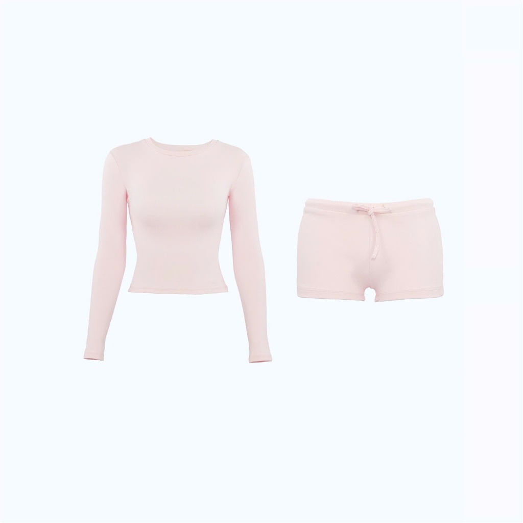 (sẵn)Set bộ áo dài tay và quần short cạp trễ chất thun co giãn màu hồng pastel dáng ôm body đồ ngủ SB006 - Tiktik