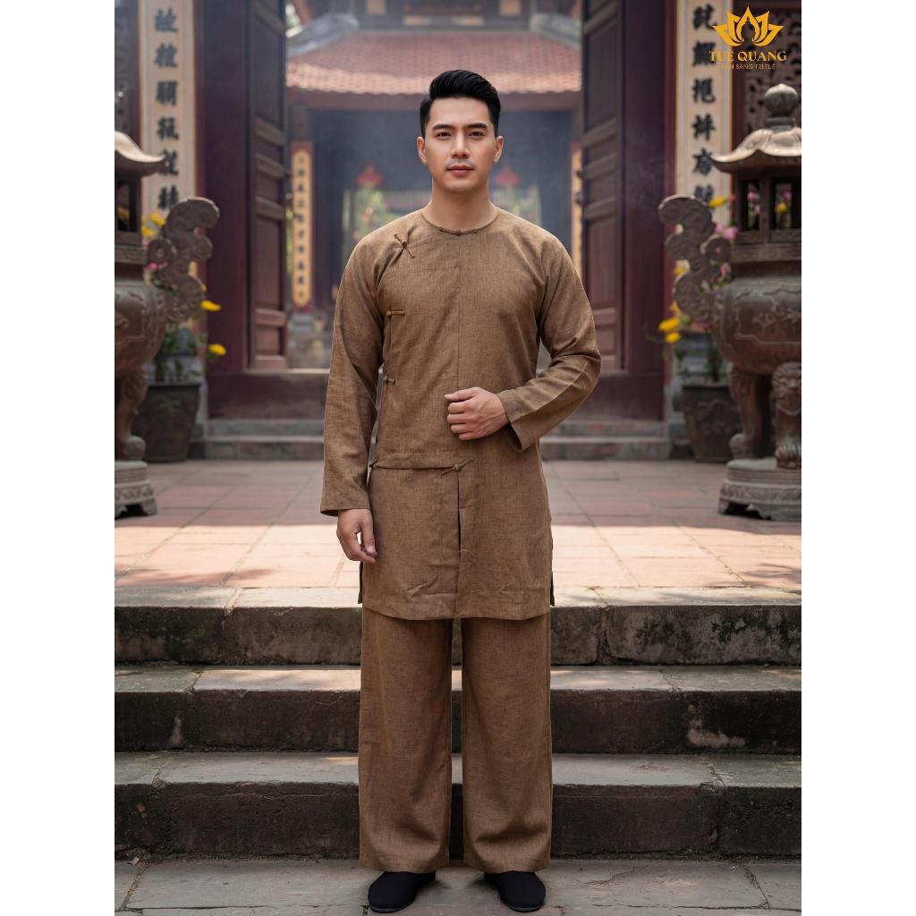 Tuệ Quang Vạt hò form Nam Linen cao cấp - Tăng nút thắt tà dài truyền thống - Chất liệu mềm nhẹ thoáng mát - Phù hợp Phậ