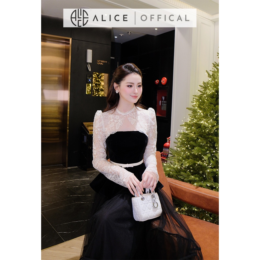 Set Váy Tiểu Thư Sang Chảnh Alice Áo Chất Nhung Phối Ren Kèm Đai, Chân Váy Dài Chất Lưới Lót Nhuyễn S1039