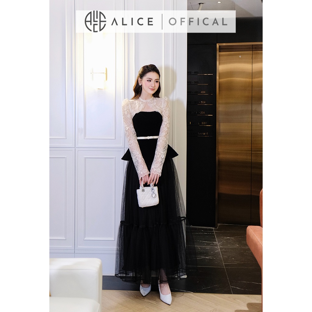 Set Váy Tiểu Thư Sang Chảnh Alice Áo Chất Nhung Phối Ren Kèm Đai, Chân Váy Dài Chất Lưới Lót Nhuyễn S1039