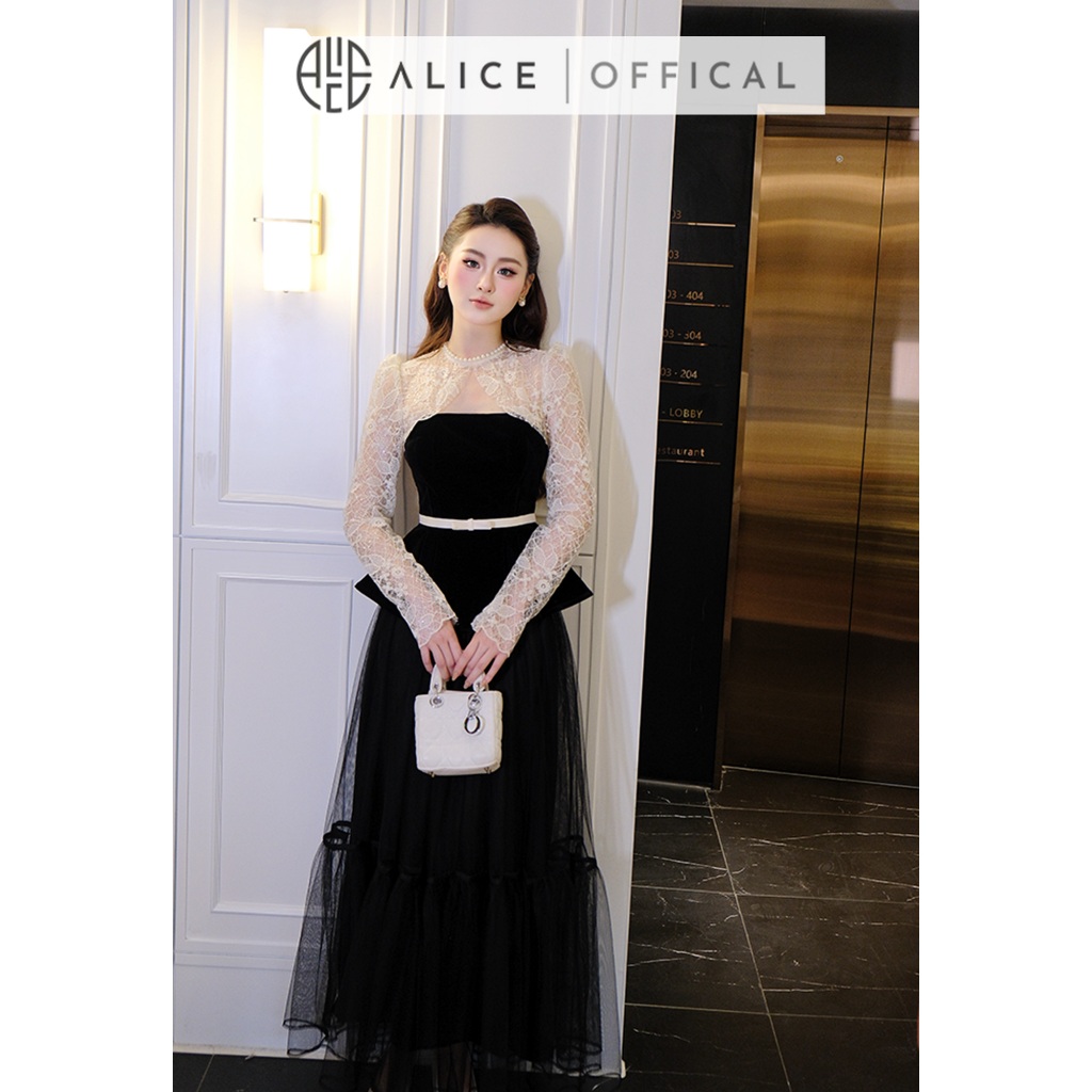 Set Váy Tiểu Thư Sang Chảnh Alice Áo Chất Nhung Phối Ren Kèm Đai, Chân Váy Dài Chất Lưới Lót Nhuyễn S1039