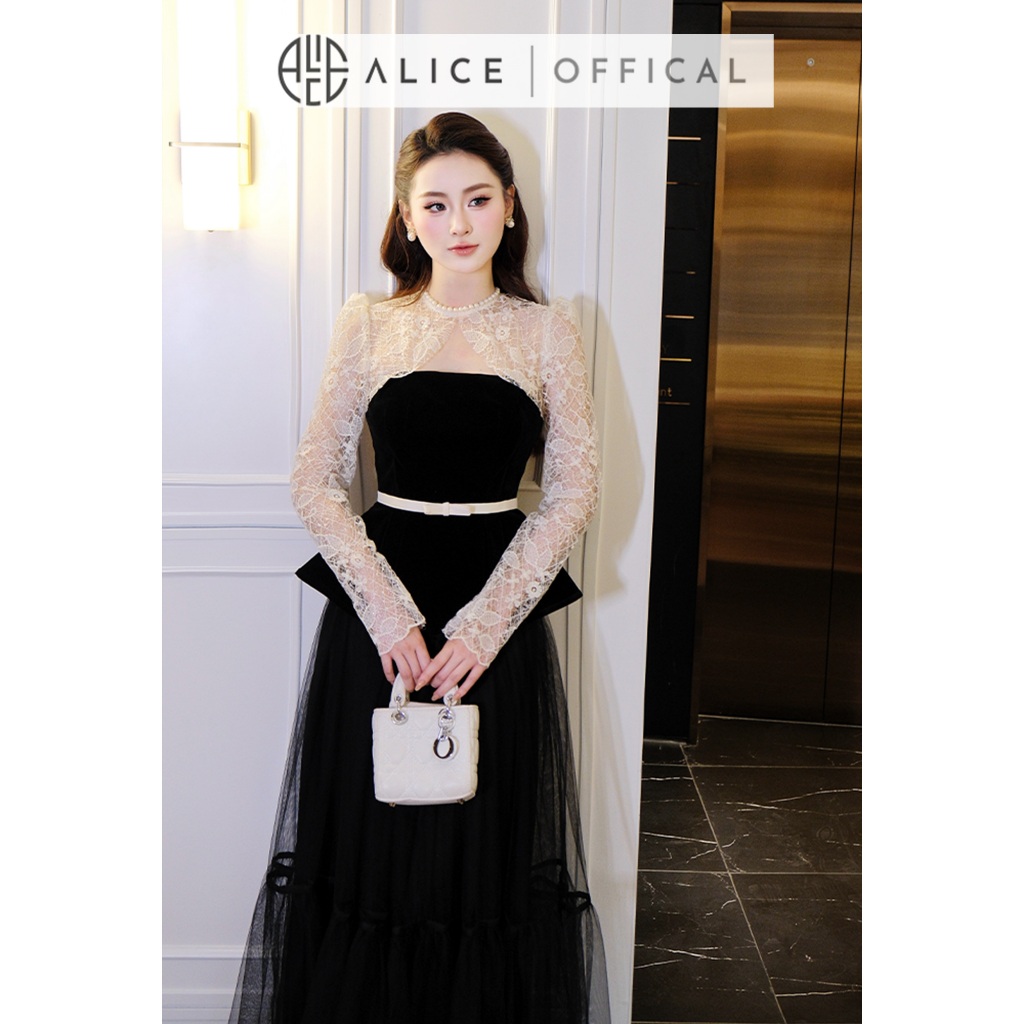 Set Váy Tiểu Thư Sang Chảnh Alice Áo Chất Nhung Phối Ren Kèm Đai, Chân Váy Dài Chất Lưới Lót Nhuyễn S1039