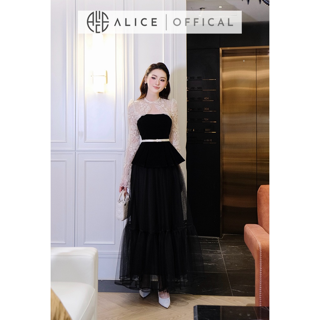 Set Váy Tiểu Thư Sang Chảnh Alice Áo Chất Nhung Phối Ren Kèm Đai, Chân Váy Dài Chất Lưới Lót Nhuyễn S1039