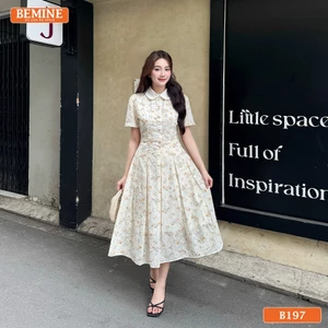 Đầm thiết kế BEMINE cổ sen đính cúc dáng chữ A thêu hoa phù hợp đi làm, đi chơi-B197