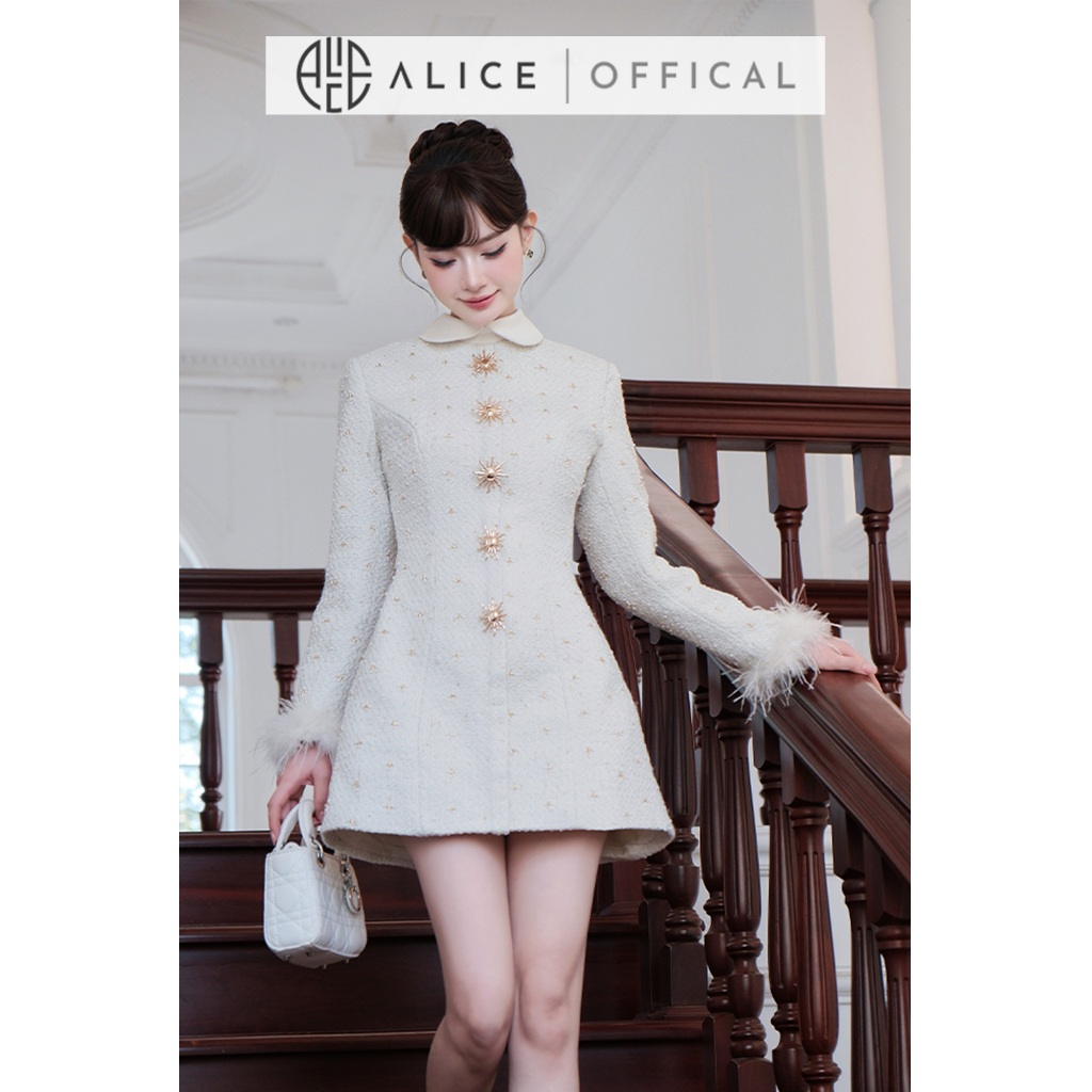 Váy Dạ Tweed Cao Cấp Alice Dáng Ngắn Chữ A, Đầm Cổ Sen Tay Dài Đính Lông, Cúc Đá Bản To Dọc Thân V1442