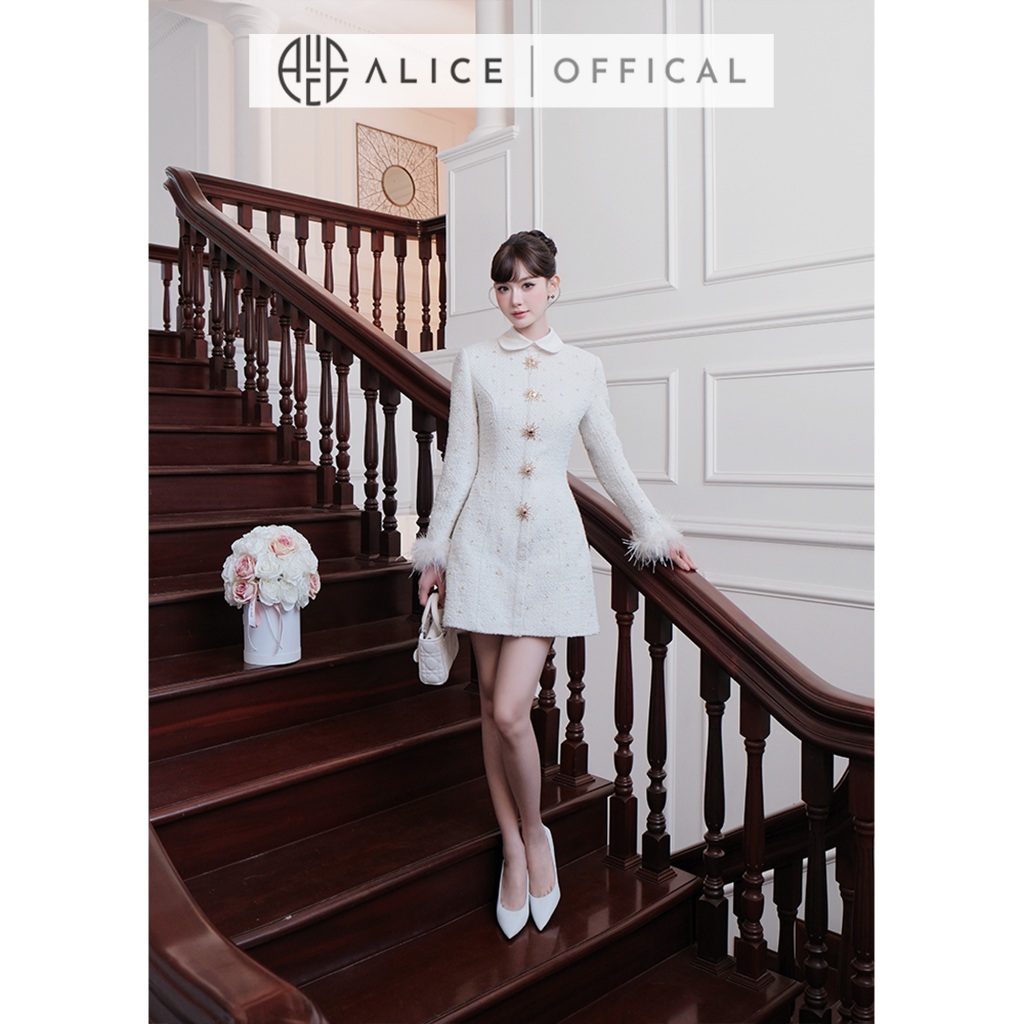 Váy Dạ Tweed Cao Cấp Alice Dáng Ngắn Chữ A, Đầm Cổ Sen Tay Dài Đính Lông, Cúc Đá Bản To Dọc Thân V1442