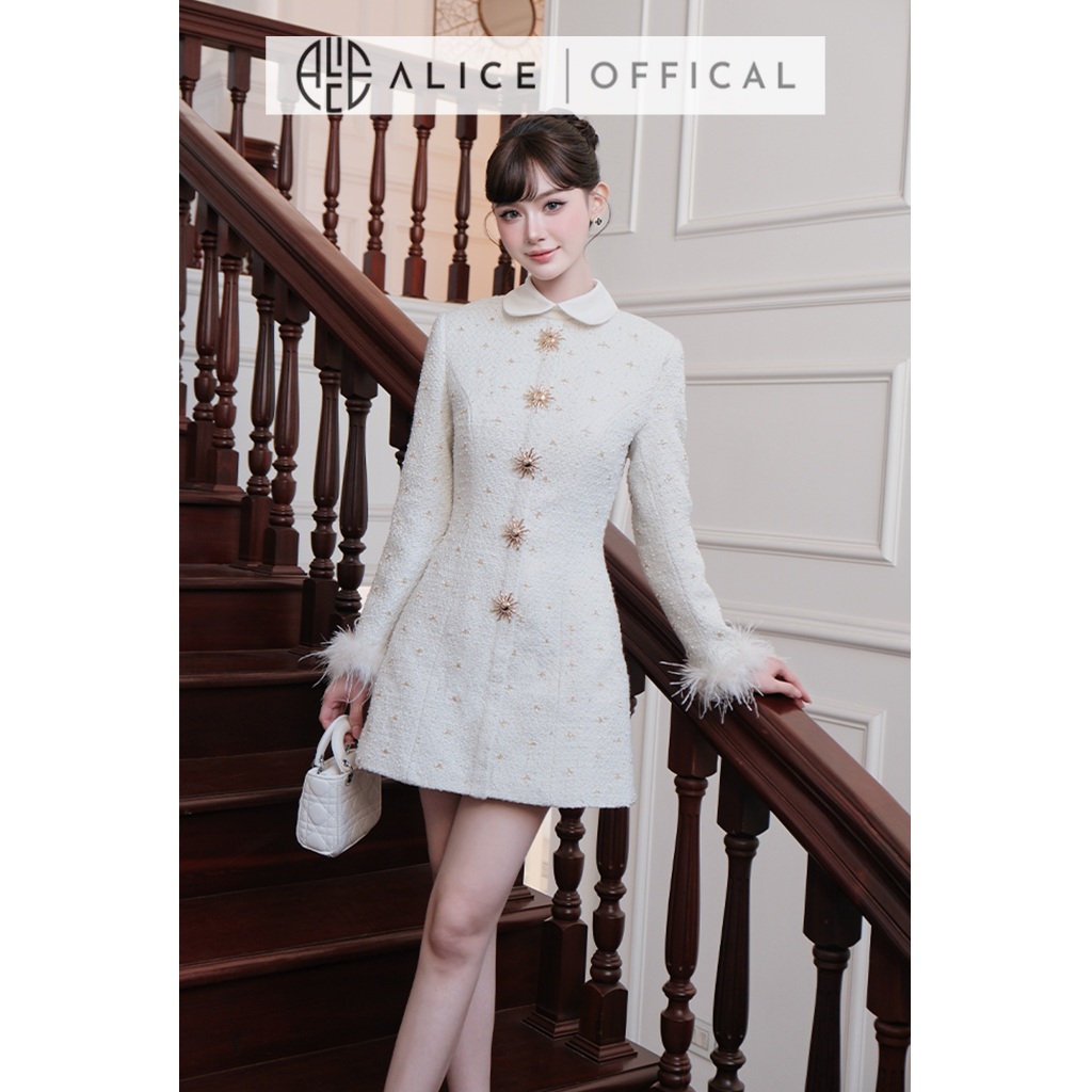 Váy Dạ Tweed Cao Cấp Alice Dáng Ngắn Chữ A, Đầm Cổ Sen Tay Dài Đính Lông, Cúc Đá Bản To Dọc Thân V1442