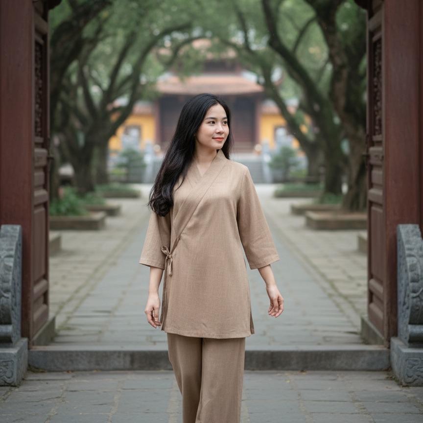 Tuệ Quang Tràng lỡ Ni và nữ Phật tử Chất vải linen Cao cấp mềm mát thấm mồ hôi Form quần suông đẹp Tà áo may dài ngang t