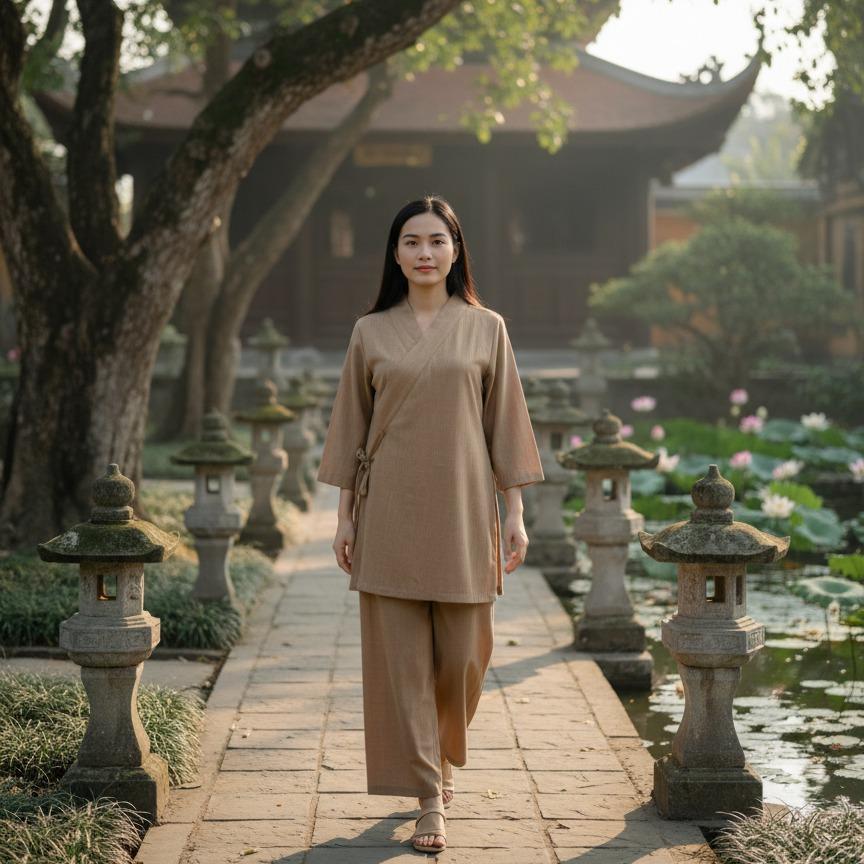 Tuệ Quang Tràng lỡ Ni và nữ Phật tử Chất vải linen Cao cấp mềm mát thấm mồ hôi Form quần suông đẹp Tà áo may dài ngang t
