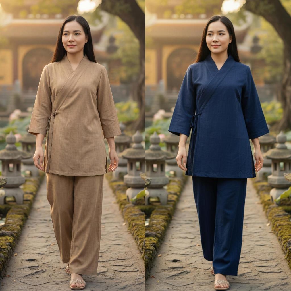 Tuệ Quang Tràng lỡ Ni và nữ Phật tử Chất vải linen Cao cấp mềm mát thấm mồ hôi Form quần suông đẹp Tà áo may dài ngang t