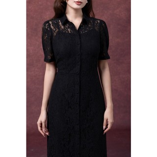 SWANLAKE | Váy Đầm Sơ Mi Nữ Vải Phối Ren Hoa 2 Lớp Chiết Eo Tay Ngắn Sang Trọng Đi Tiệc D13326