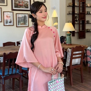 Set áo dài VÂN DU lụa trơn phối nơ cách điệu đính cúc bọc kèm quần lụa satin HAVANA AD94