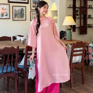 Set áo dài VÂN DU lụa trơn phối nơ cách điệu đính cúc bọc kèm quần lụa satin HAVANA AD94