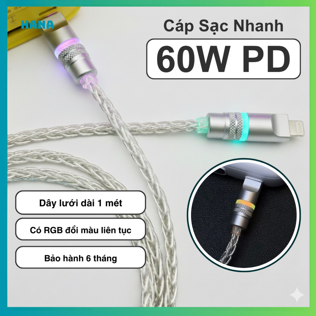 Cáp Sạc Nhanh 60W Type C - Có đèn LED Đầu Sạc - Dây bên 8 sợi dài 1 Mét - Truyền Dữ Liệu 480Mbps