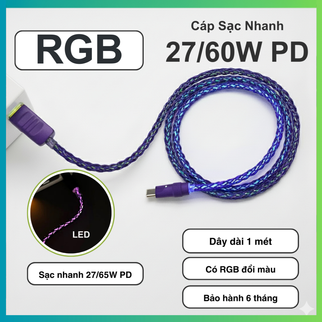 Cáp Sạc Nhanh RGB Đổi Màu 65W - Dây Phát Sáng -  Type C to C 60W - Cắm bàn phím - Bện 8 sợi - Bảo Hành 6 Tháng