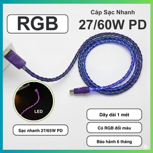 Cáp Sạc Nhanh RGB Đổi Màu 65W - Dây Phát Sáng - Type C to C 60W - Cắm bàn phím - Bện 8 sợi - Bảo Hành 6 Tháng