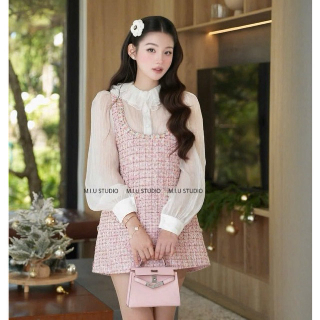 MIU.STUDIO •”Suny Set” Set áo voan cổ bèo mix váy yếm dạ babydoll suông ngắn xoè phối viền dây style tiểu thư sang chảnh