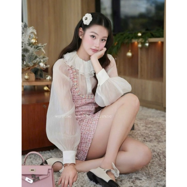 MIU.STUDIO •”Suny Set” Set áo voan cổ bèo mix váy yếm dạ babydoll suông ngắn xoè phối viền dây style tiểu thư sang chảnh