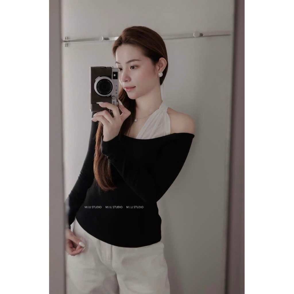 Áo thun trễ vai mix cổ ren xoắn mềm siêu hot - hàng QCCC , Áo kiểu nữ dài tay pha cổ yếm cách điệu ôm body tôn dáng