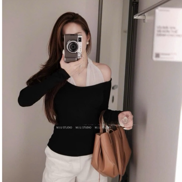 Áo thun trễ vai mix cổ ren xoắn mềm siêu hot - hàng QCCC , Áo kiểu nữ dài tay pha cổ yếm cách điệu ôm body tôn dáng