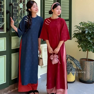 Áo dài nhung chéo YÊN LAM cổ tròn đan tay lỡ phối cúc cách điệu kèm quần nhung AD246
