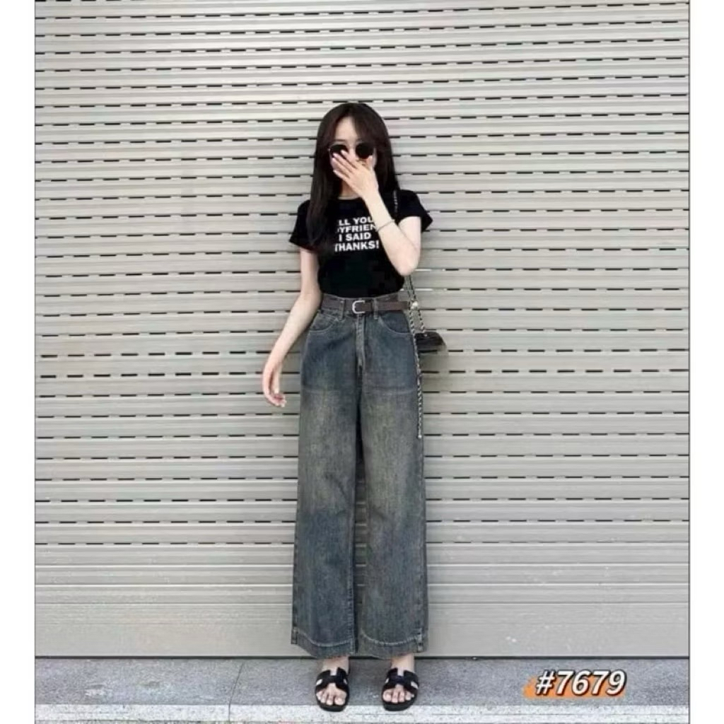 Quần bò jeans nữ dáng suông dài 98cm cạp cao #3837