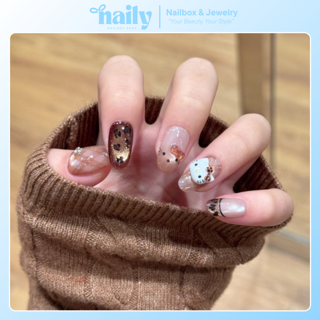 Móng tay giả, nail box 24 móng form ngắn màu hồng gắn charm nơ trong suốt lấp lánh| TẶNG KÈM KEO❤️