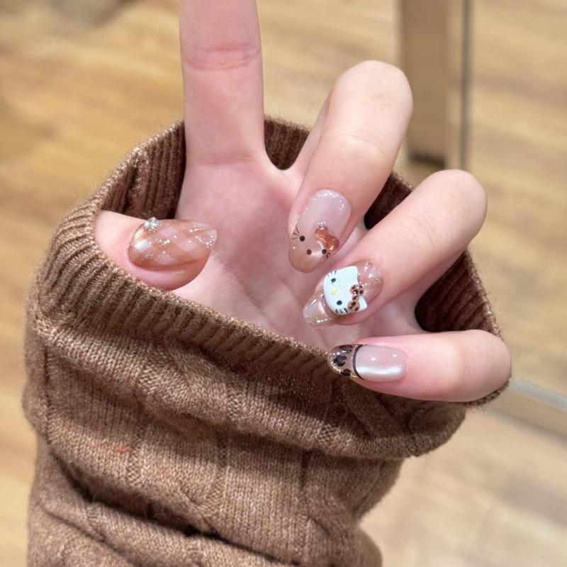 Móng tay giả, nail box 24 móng form ngắn màu hồng gắn charm nơ trong suốt lấp lánh| TẶNG KÈM KEO❤️