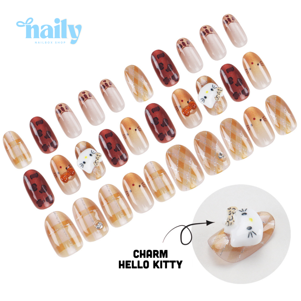 Móng tay giả, nail box 24 móng form ngắn màu hồng gắn charm nơ trong suốt lấp lánh| TẶNG KÈM KEO❤️