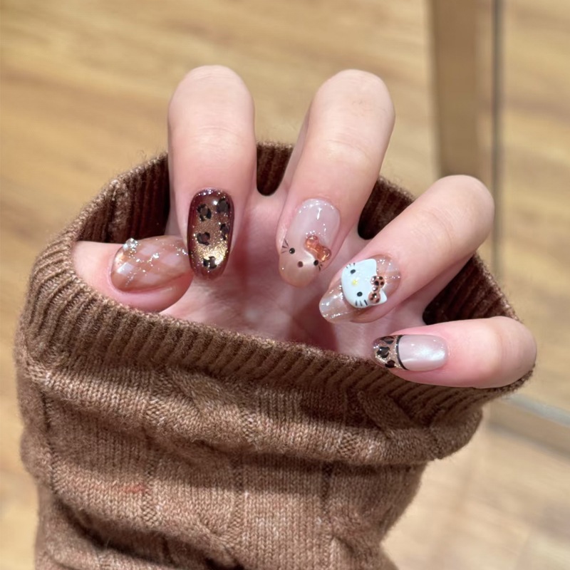 Móng tay giả, nail box 24 móng form ngắn màu hồng gắn charm nơ trong suốt lấp lánh| TẶNG KÈM KEO❤️