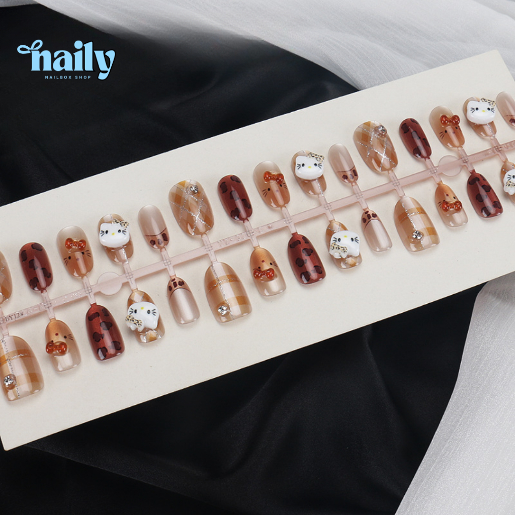 Móng tay giả, nail box 24 móng form ngắn màu hồng gắn charm nơ trong suốt lấp lánh| TẶNG KÈM KEO❤️