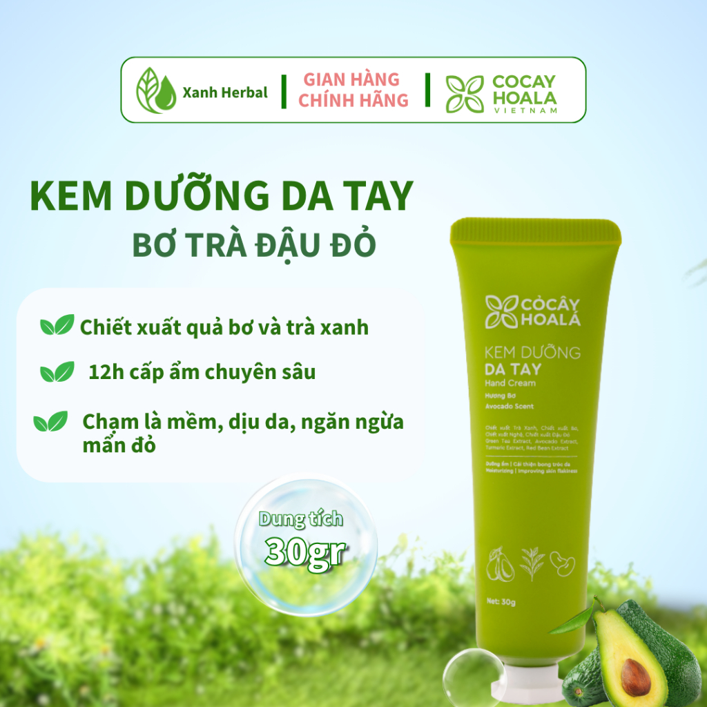 Kem Dưỡng Da Tay Bơ Trà Thiên Nhiên Cỏ Cây Hoa Lá (30g) - Dưỡng Ẩm Chuyên Sâu, Phục Hồi Da Khô Ráp, Nứt Nẻ - Xanh Herbal