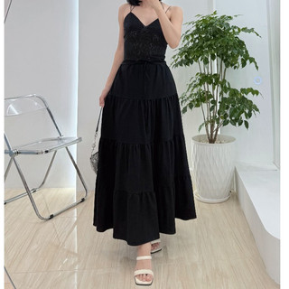 (Hỏa tốc) Chân váy dài dáng xòe 3 tầng linen có lót lụa Freesize Váy chữ A dài xòe tiểu thư dây rút