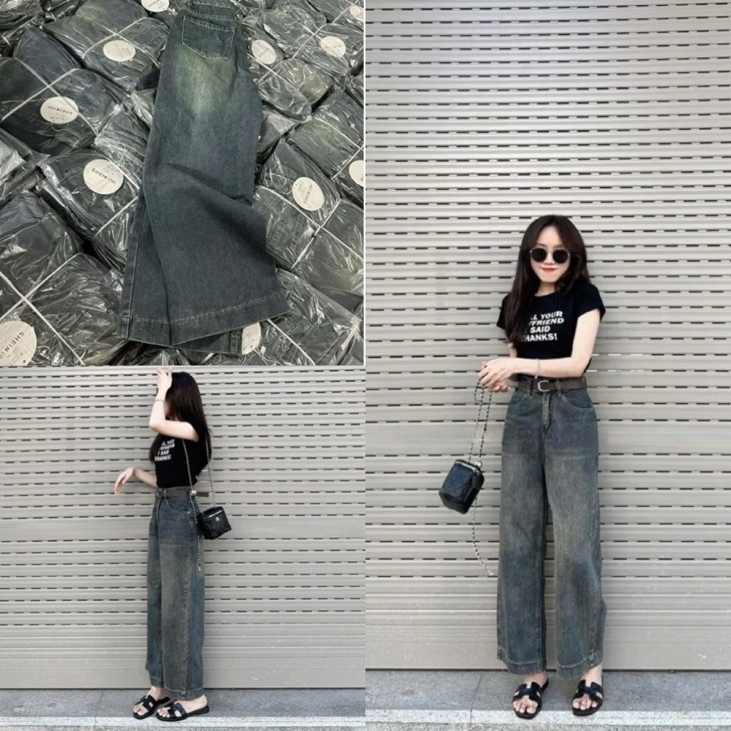 Quần bò jeans nữ dáng suông dài 98cm cạp cao #3837