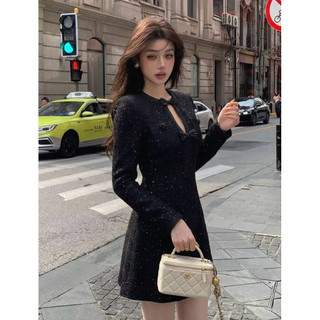 Váy Dạ Cổ Nơ Bling Sang Chảnh Tay Dài, Váy Đầm Tỉ Tỉ Chiết Eo Dáng Ngắn Đen